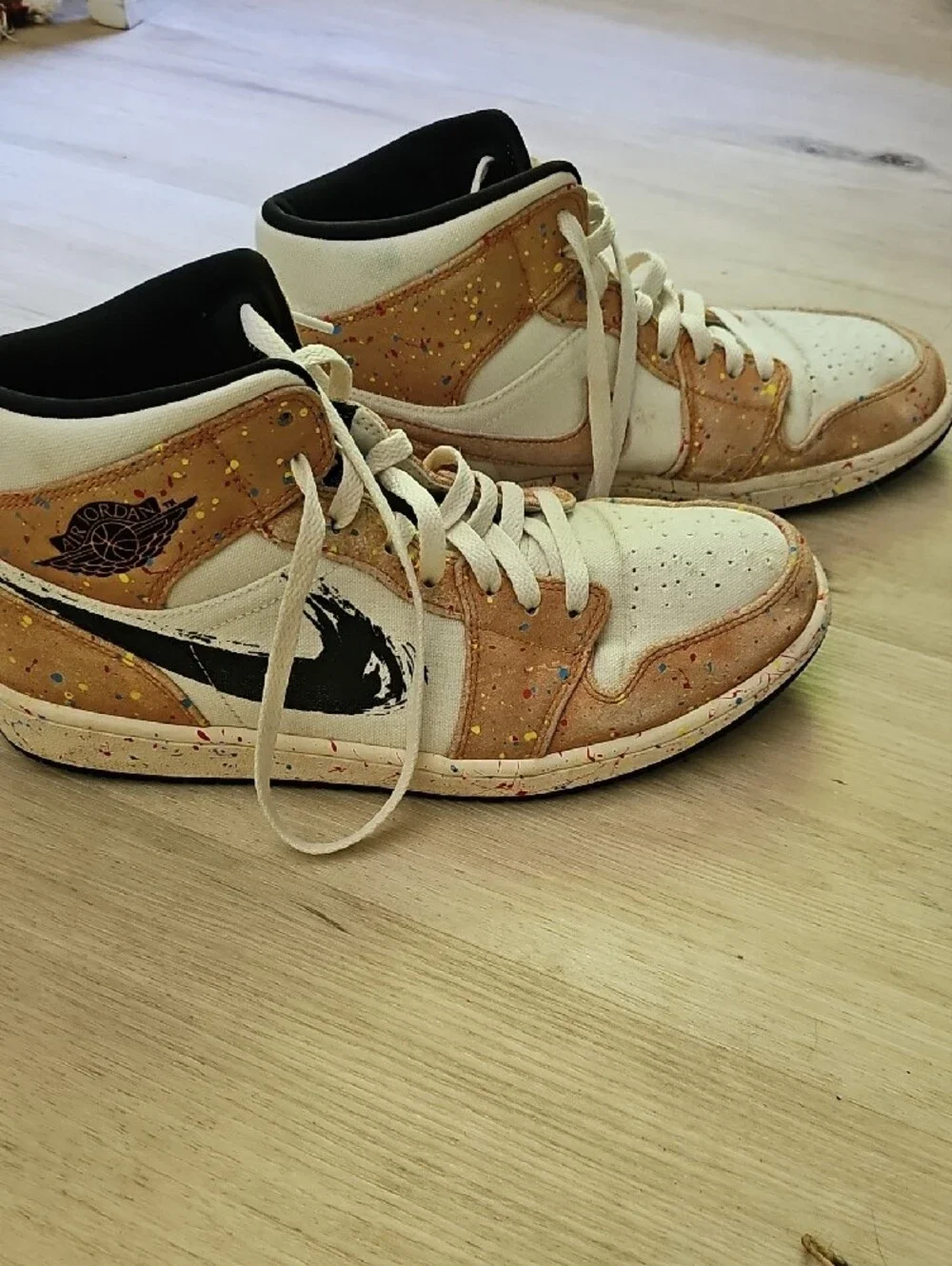Jordan High-Top Sneakers in White and Tan with Multicolor Paint Splatter